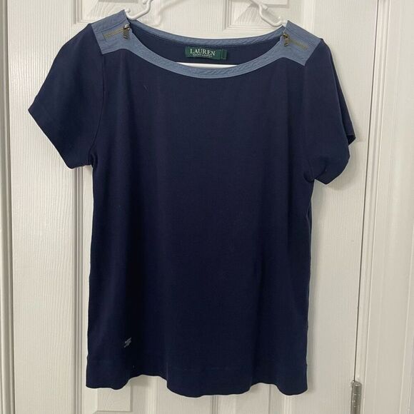 Lauren Ralph Lauren Navy Blue Cotton T-Shirt with Shoulder Zipper Accents - Size - Picture 1 of 8